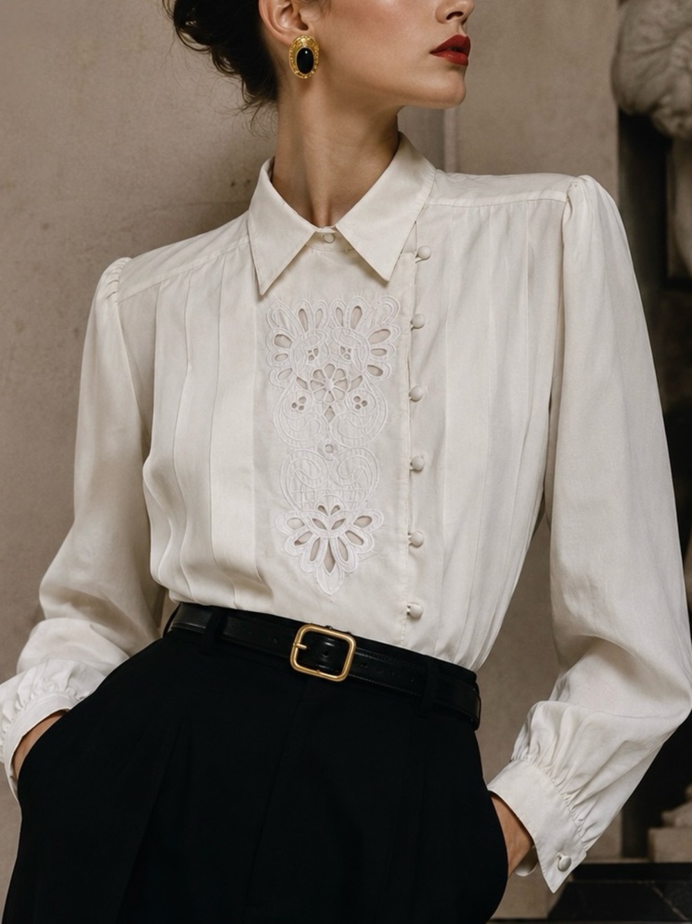 NICOLA Vintage Cream Embroidered Button-Front Blouse